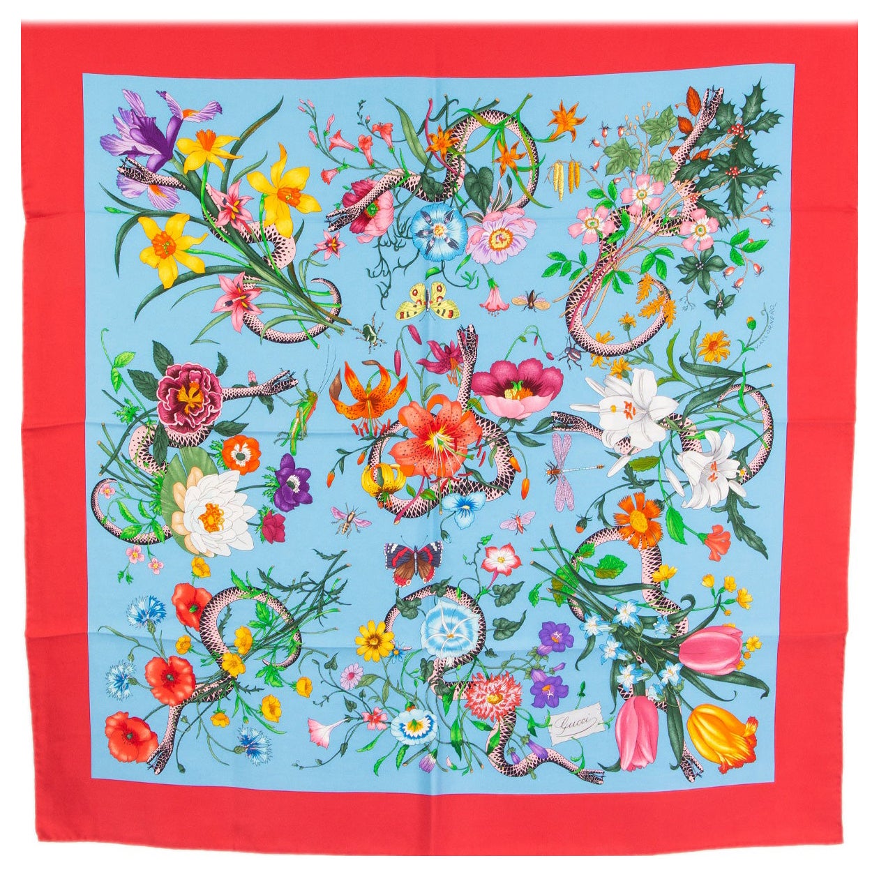 GUCCI red blue silk FLORA SNAKE Print Scarf