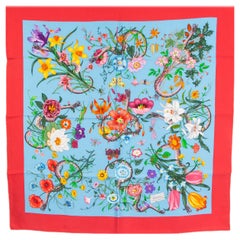 GUCCI red blue silk FLORA SNAKE Print Scarf