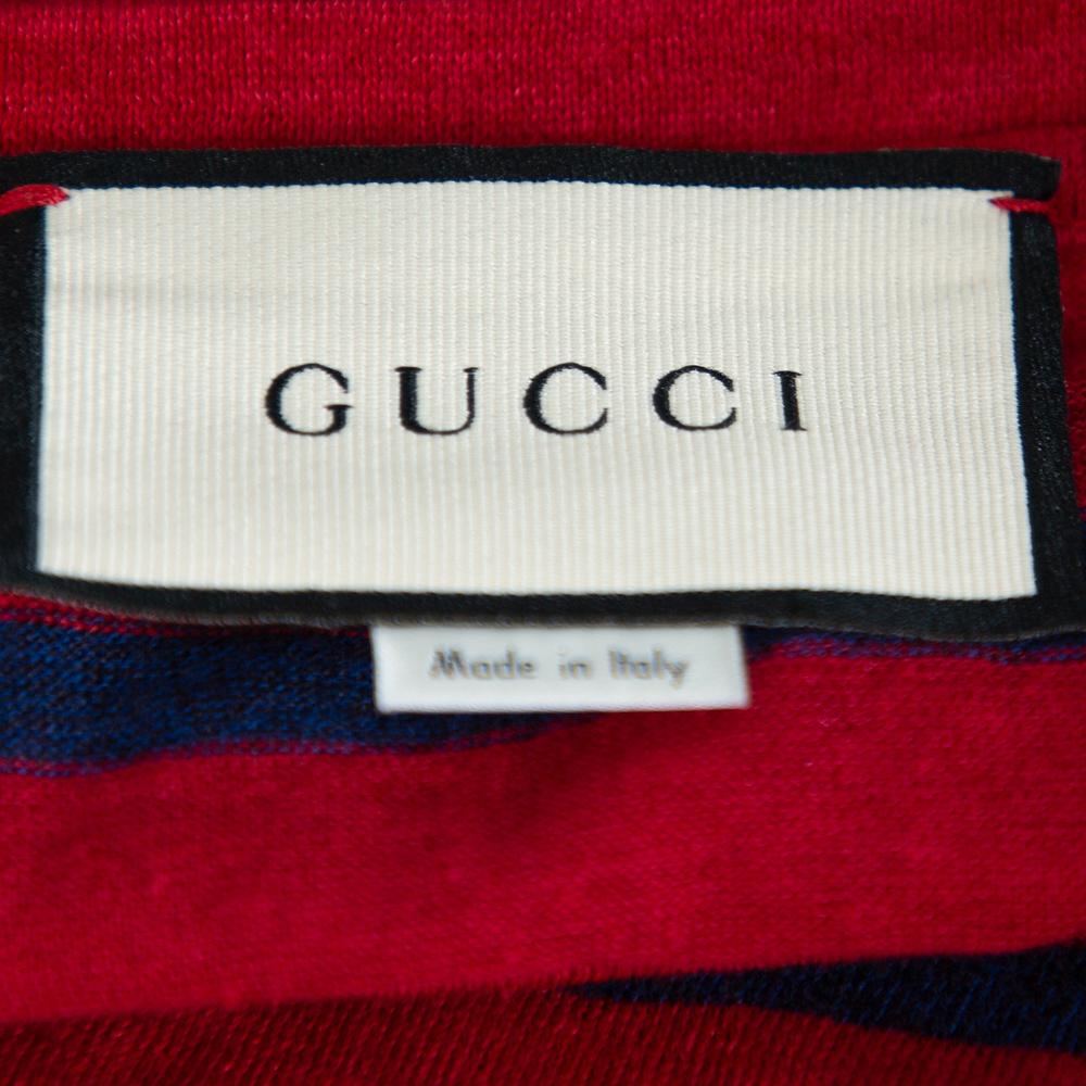 Men's Gucci Red & Blue Striped Linen Knit Logo Printed Oversized T Shirt S
