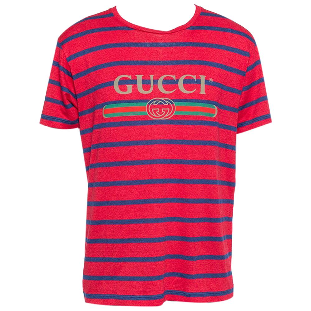 Gucci Red & Blue Striped Linen Knit Logo Printed Oversized T Shirt S