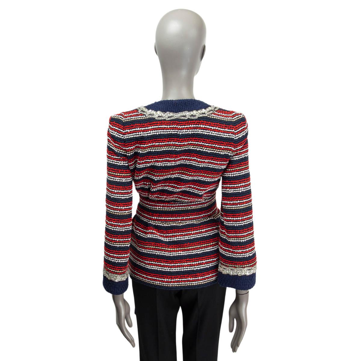 Black GUCCI red blue white cotton 2018 CRYSTAL STRIPED BELTED BOUCLE Jacket 40 S For Sale