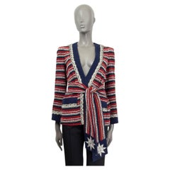 GUCCI red blue white cotton 2018 CRYSTAL STRIPED BELTED BOUCLE Jacket 40 S