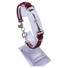 Gucci Red Braided Leather Sterling Silver Horsebit Bracelet Size 17