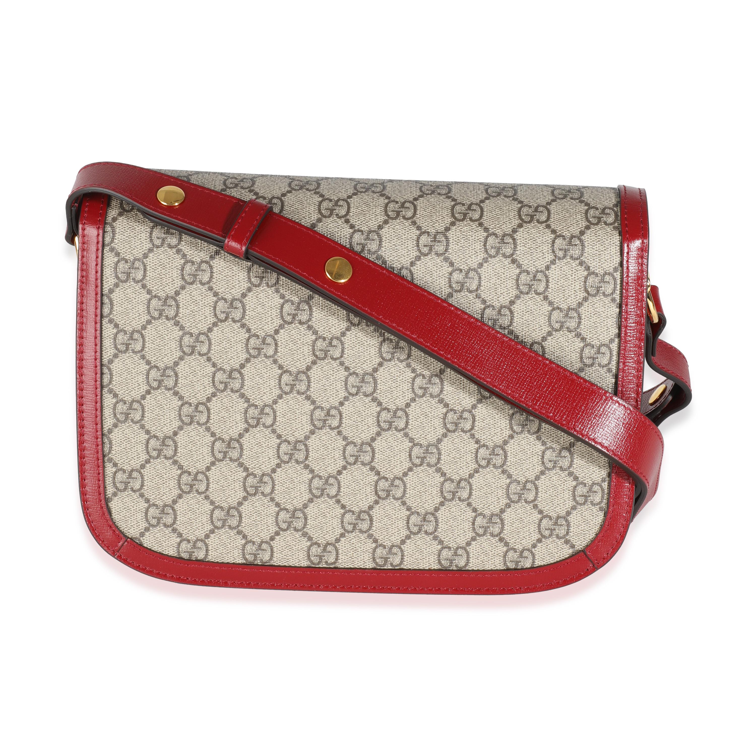 Listing Title: Gucci Red Calfskin Beige GG Supreme Canvas Horsebit 1955 Shoulder Bag
SKU: 143995
MSRP: 3350.00 USD
Condition: Pre-owned 
Condition Description: The Neo Vintage GG Supreme collection from Gucci pays homage to the house’s roots.
