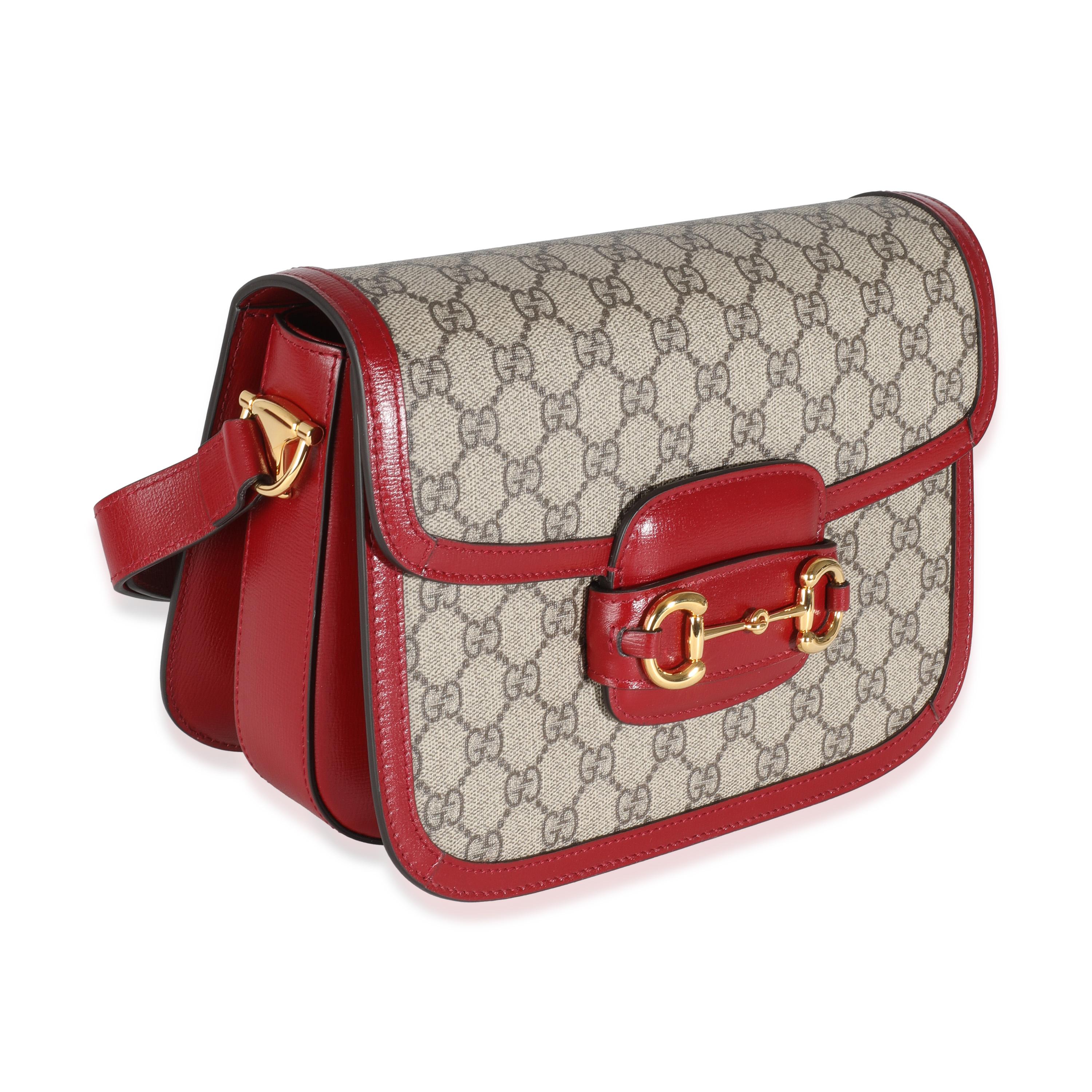 Brown Gucci Red Calfskin Beige GG Supreme Canvas Horsebit 1955 Shoulder Bag For Sale