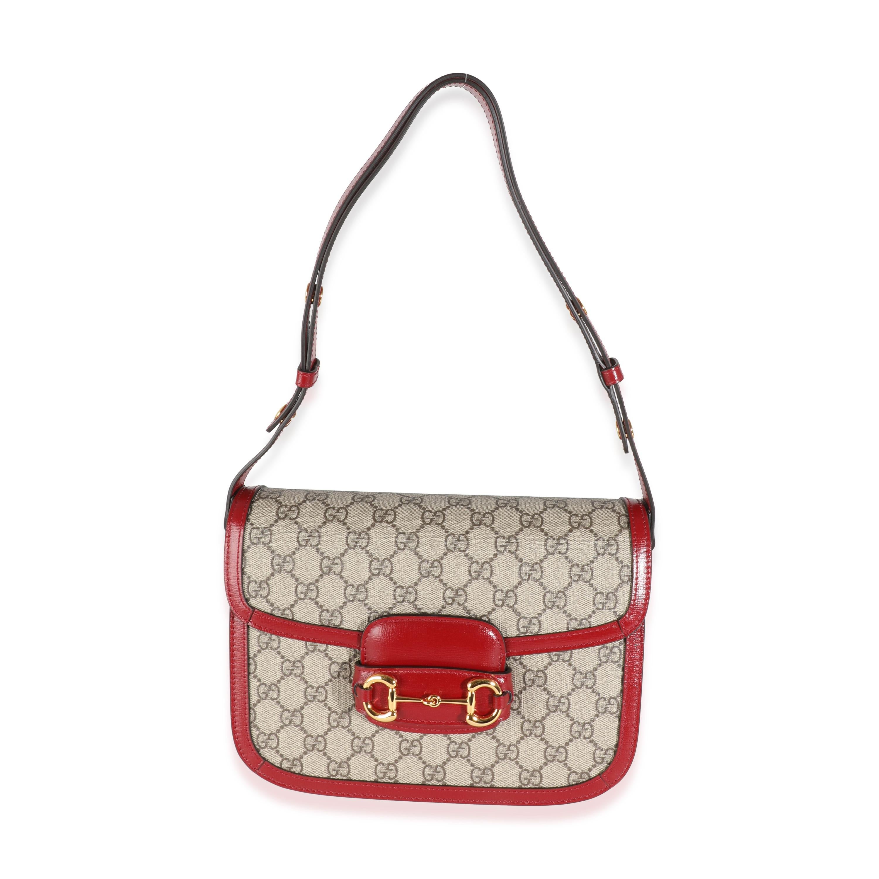 Gucci Red Calfskin Beige GG Supreme Canvas Horsebit 1955 Shoulder Bag For Sale 1