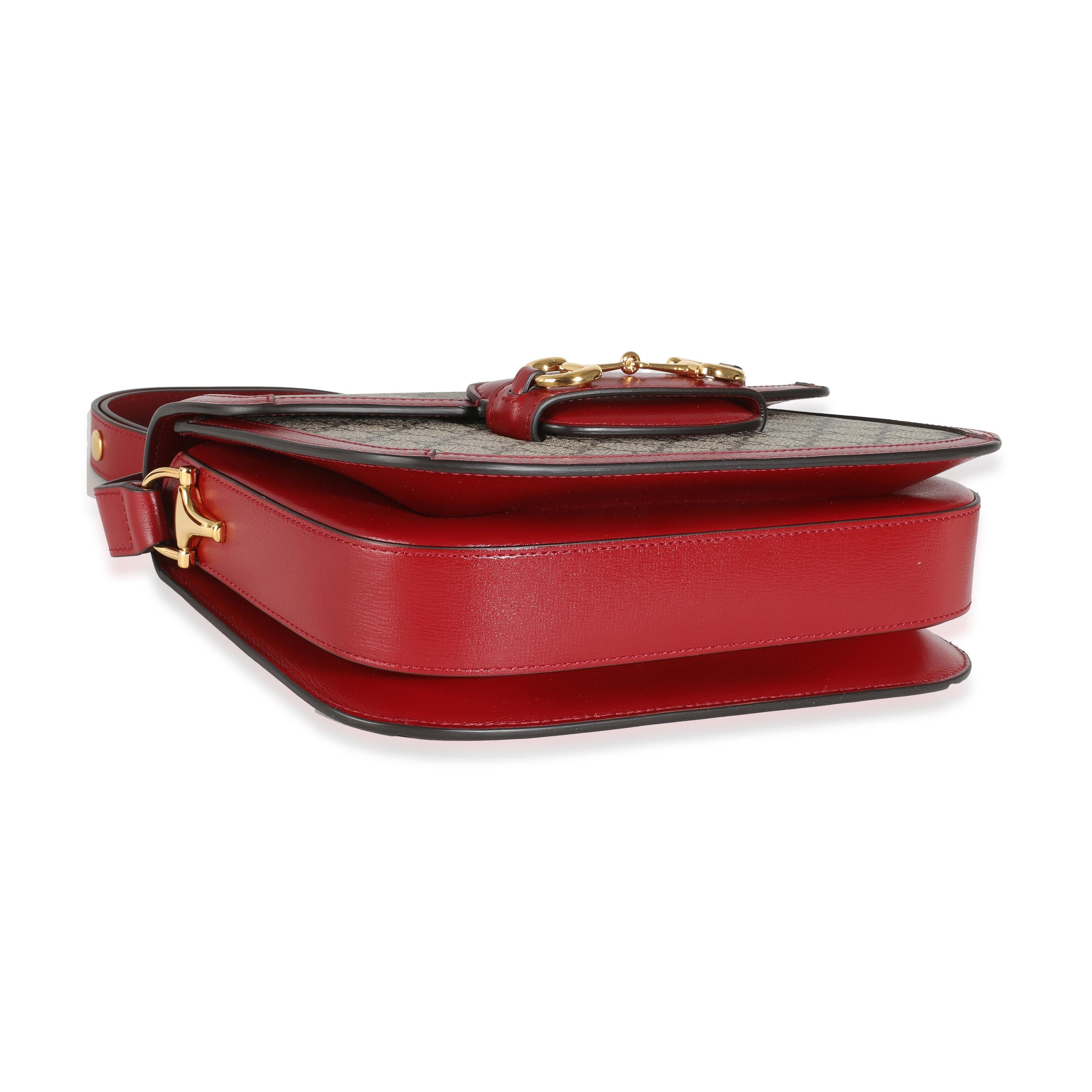 Gucci Red Calfskin Beige GG Supreme Canvas Horsebit 1955 Shoulder Bag For Sale 2
