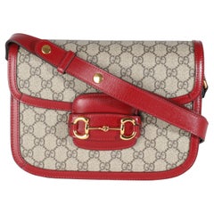 Gucci Red Calfskin Beige GG Supreme Canvas Horsebit 1955 Shoulder Bag