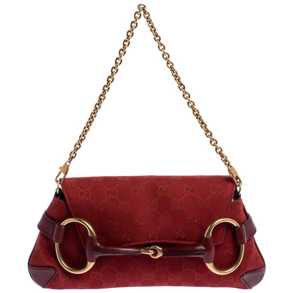 Gucci Red Canvas and Leather Horsebit Shoulder Bag