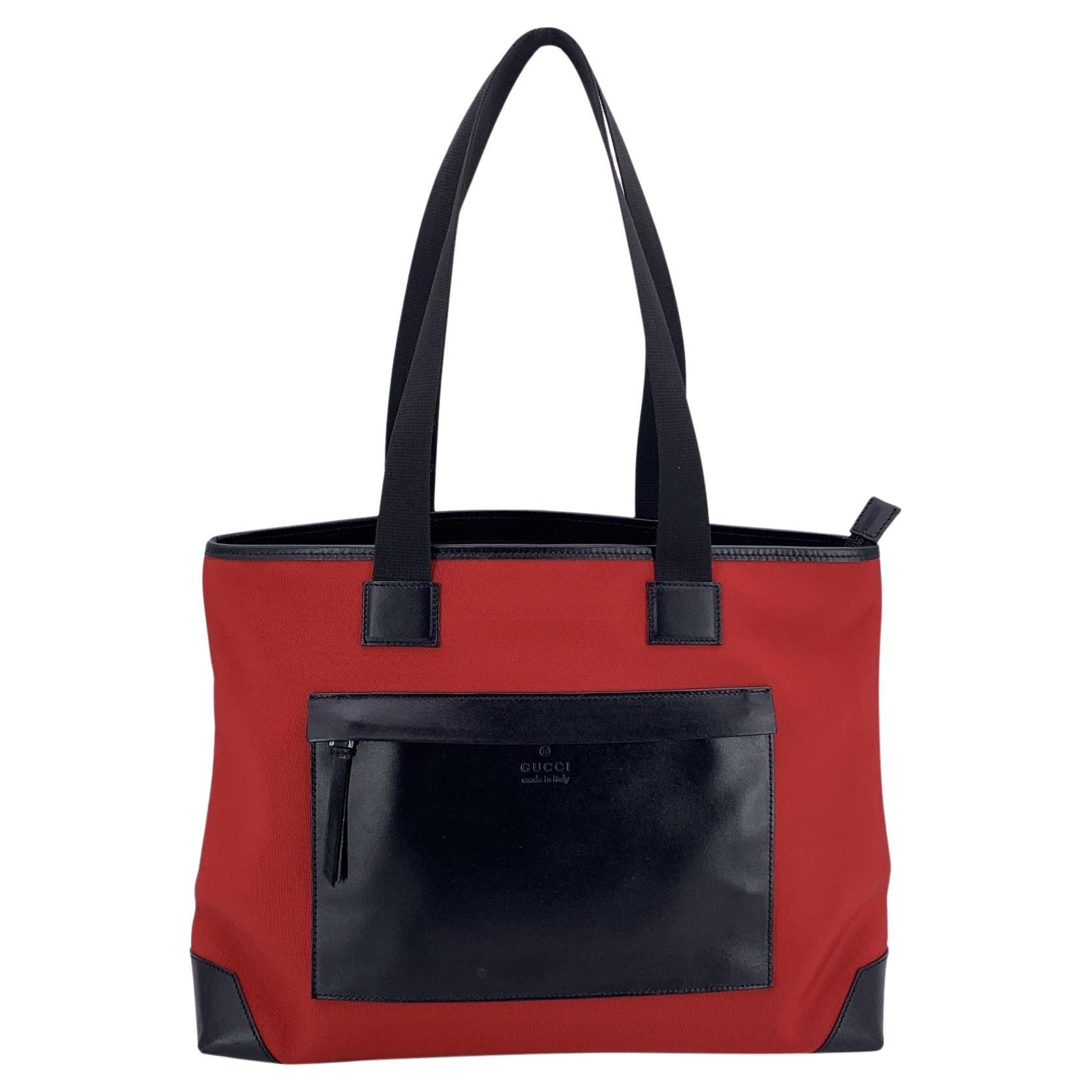 Gucci Red Canvas Nylon Black Leather Tote Shoulder Bag For Sale