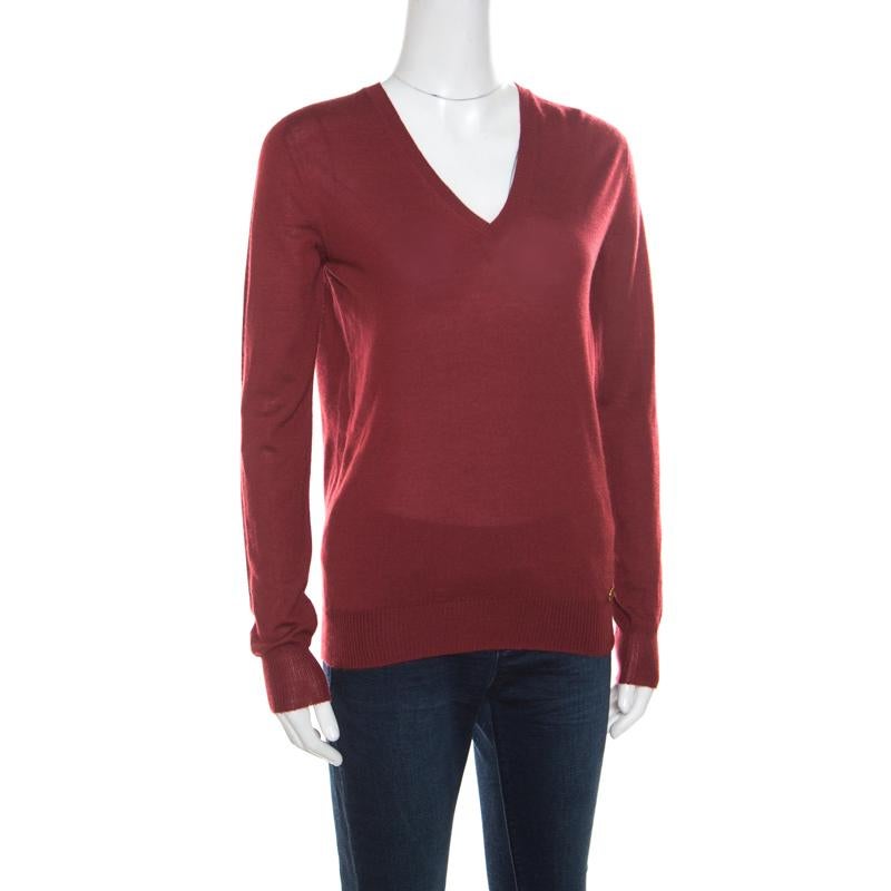 Brown Gucci Red Cashmere V-Neck Sweater S