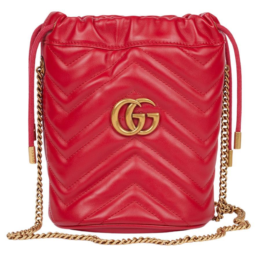 Gucci Red Chevron Quilted Calfskin Leather GG Marmont Mini Bucket Bag For Sale
