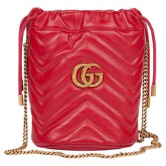 Gucci Red Chevron Quilted Calfskin Leather GG Marmont Mini Bucket Bag