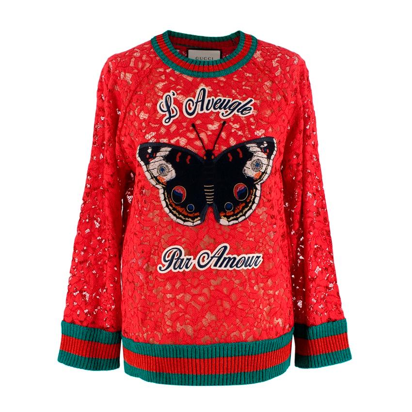 Gucci Red Corded Lace 'L'aveugle Par Amour' Butterfly Jumper For Sale