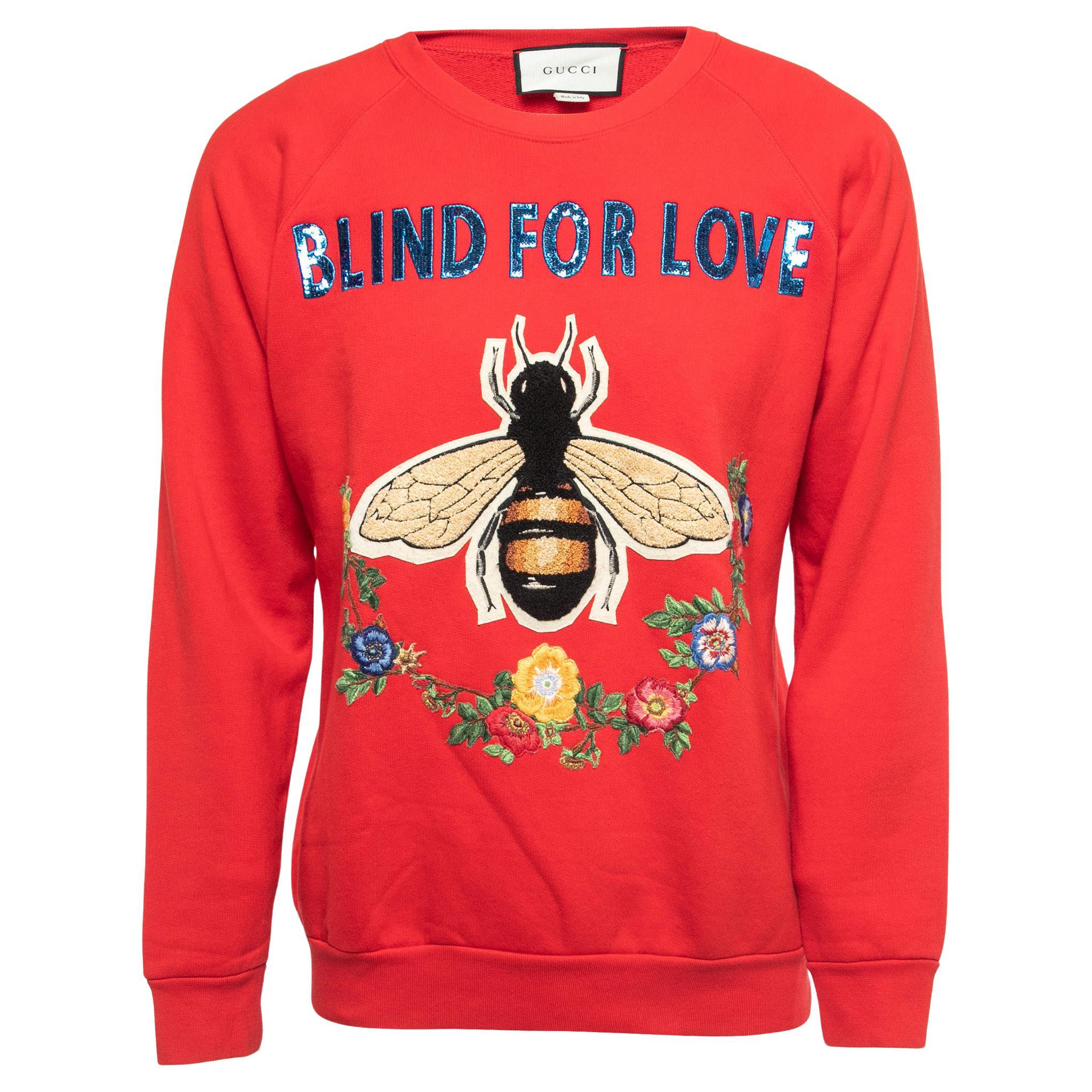 Gucci Red Cotton Blind For Love Bee Embroidered Sweatshirt 