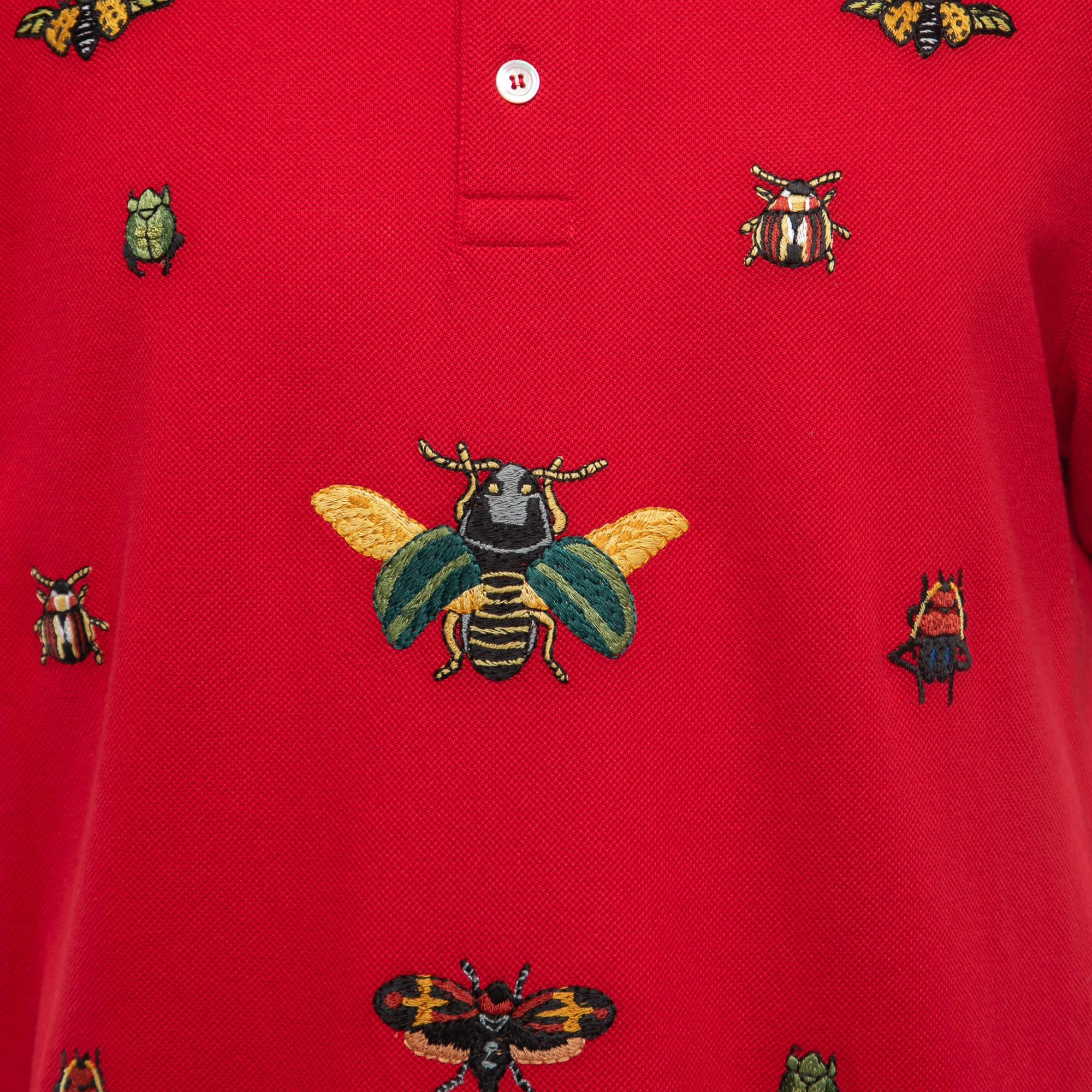 Gucci Red Cotton Pique Insects Embroidered Polo T-Shirt 3XL 1