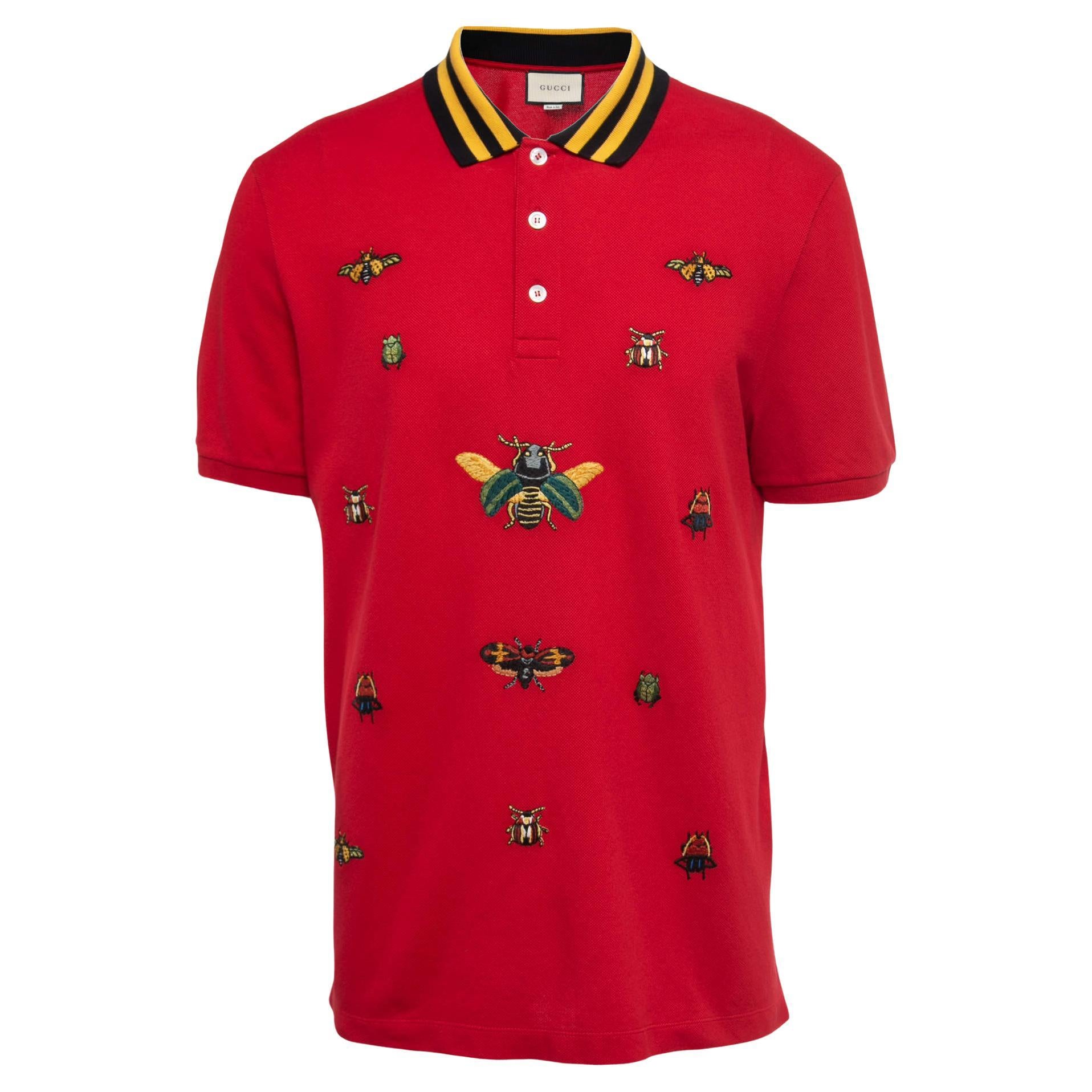 Gucci Red Cotton Pique Insects Embroidered Polo T-Shirt 3XL