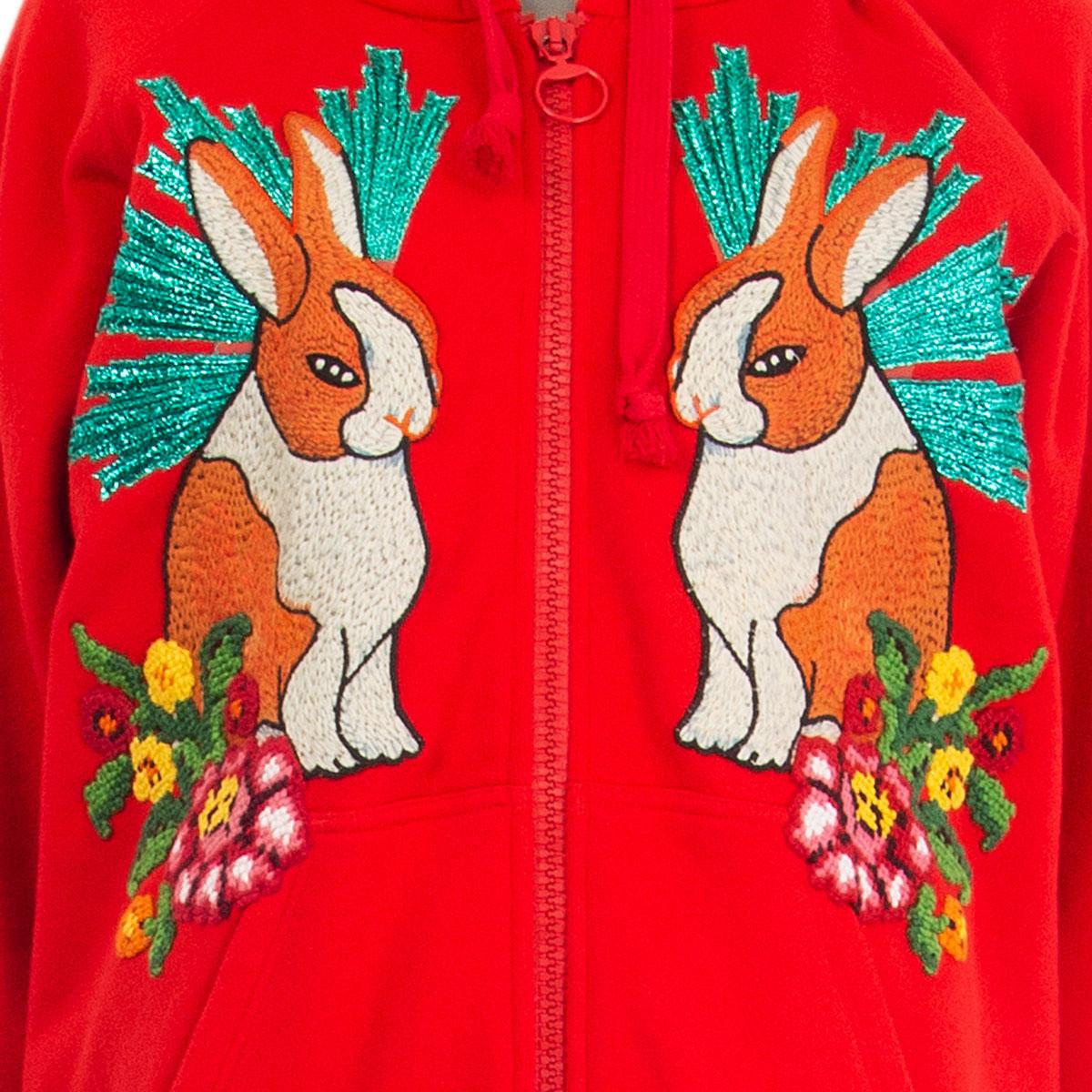 Red GUCCI red cotton RABBIT EMBROIDERED HOODED ZIP FRONT Cardigan Sweater S