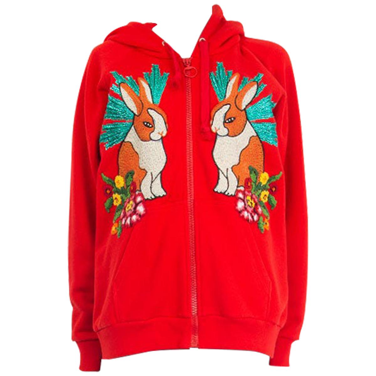 GUCCI red cotton RABBIT EMBROIDERED HOODED ZIP FRONT Cardigan Sweater S
