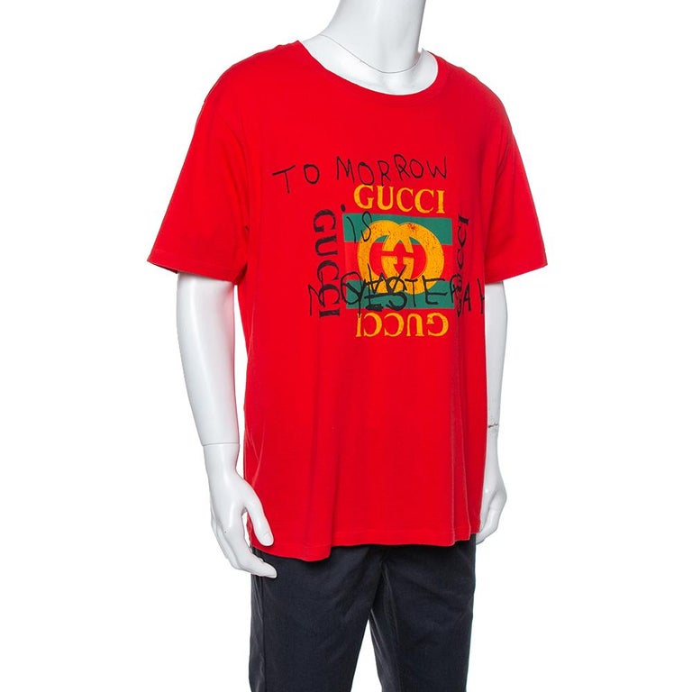 Gucci Red Cotton Tomorrow Is Now Yesterday Logo Printed Crewneck T Shirt  3XL at 1stDibs | gucci tomorrow is now yesterday