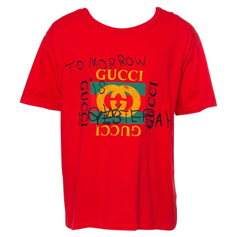 Gucci Red Cotton Tomorrow Is Now Yesterday Logo Printed Crewneck T Shirt  3XL at 1stDibs | gucci tomorrow is now yesterday