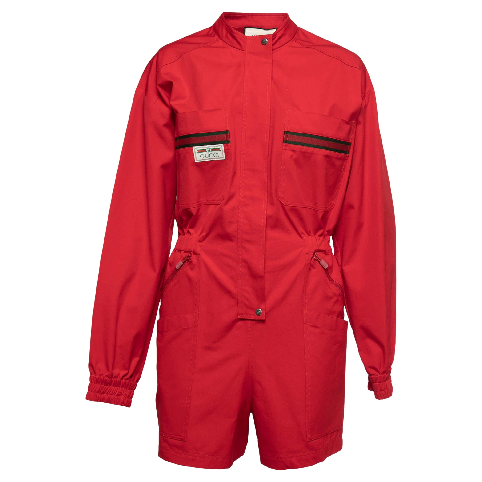 Gucci Red Cotton Web-Stripe Detail Jumpsuit M