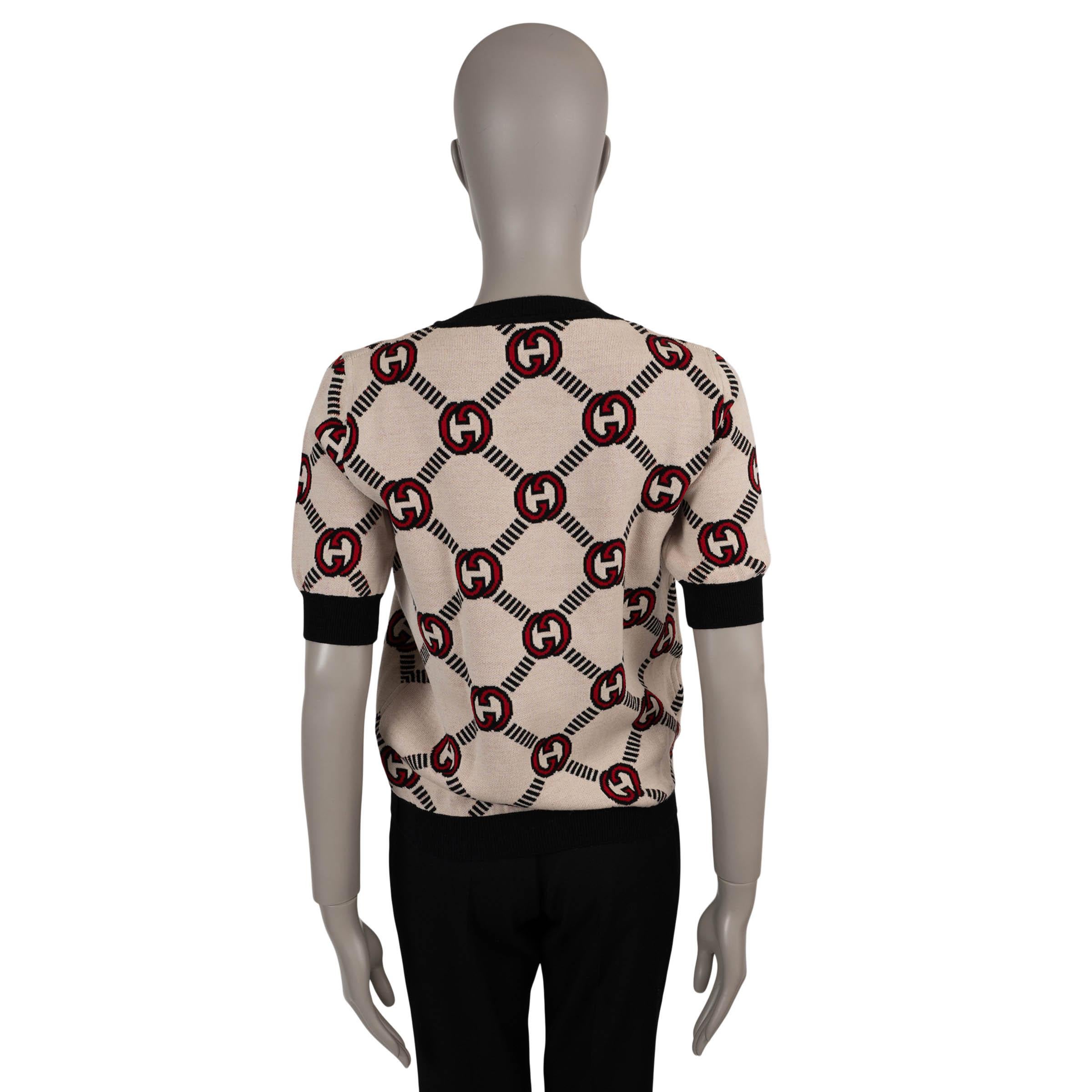 Brown GUCCI red cream & black cream wool GG REVERSIBLE KNIT Shirt XS For Sale