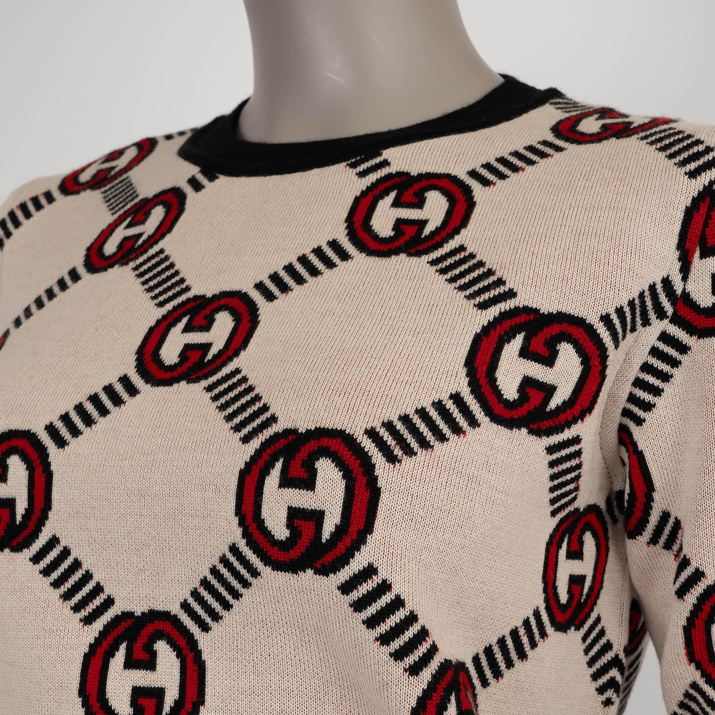 GUCCI red cream & black cream wool GG REVERSIBLE KNIT Shirt XS For Sale 3