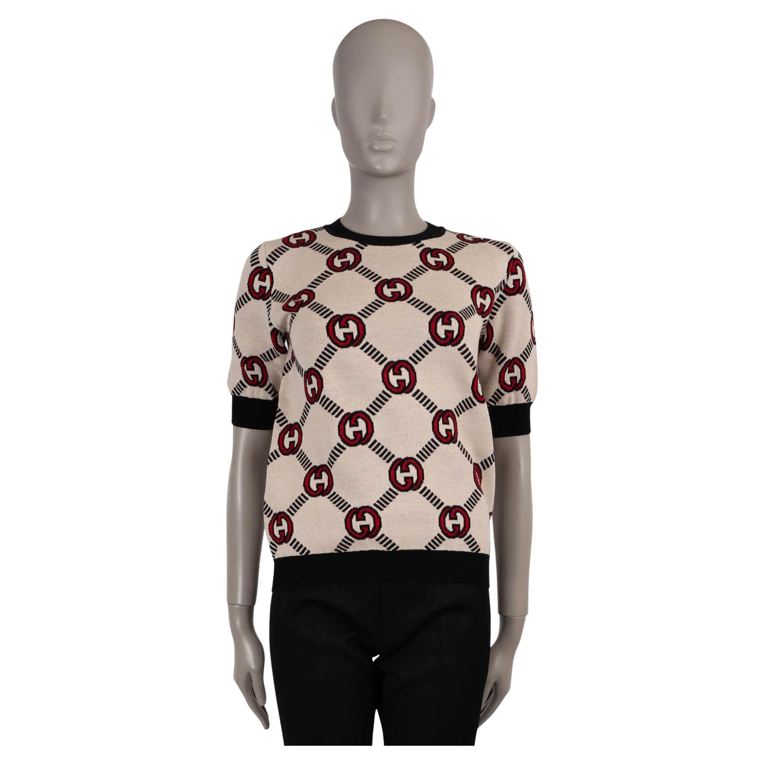 GUCCI red cream & black cream wool GG REVERSIBLE KNIT Shirt XS