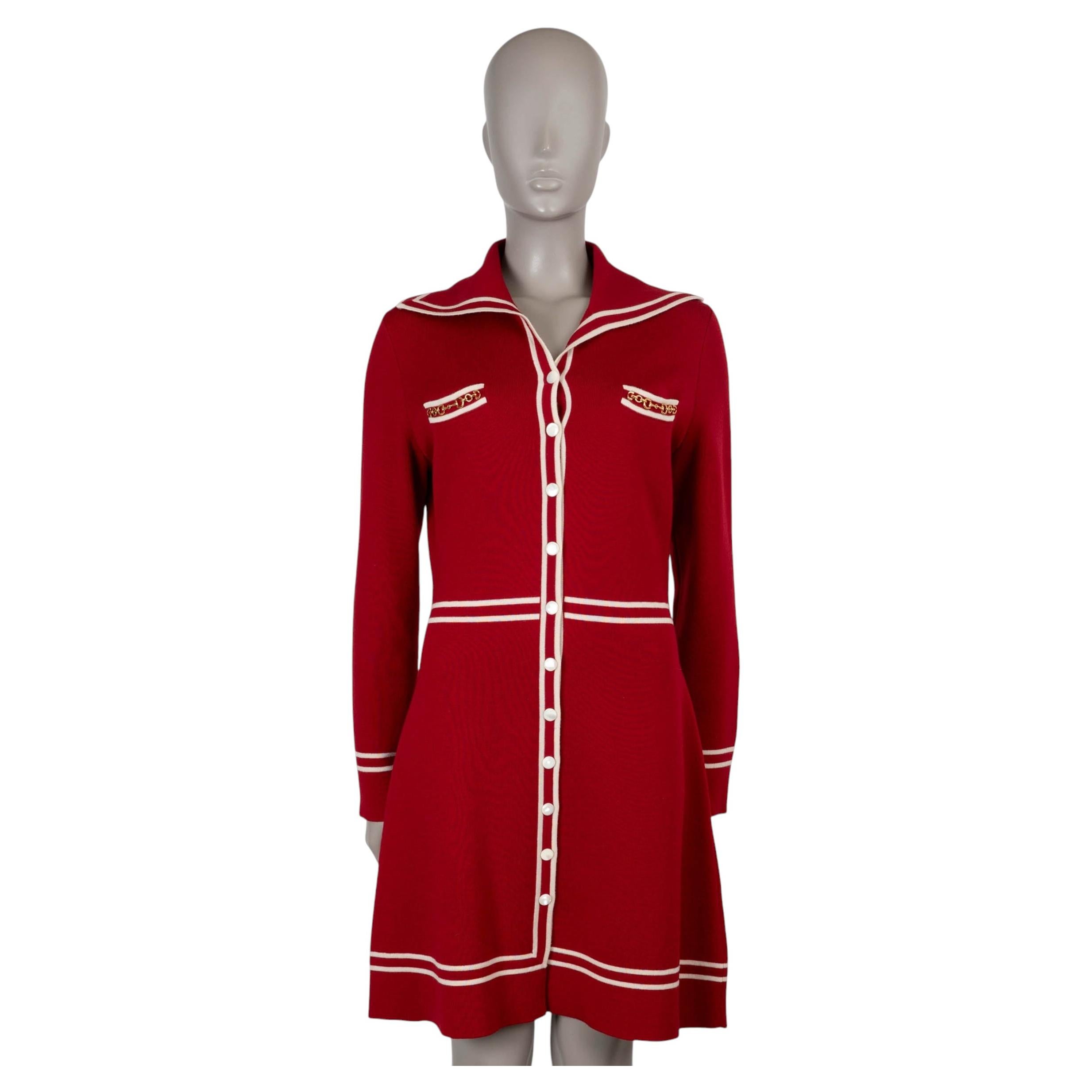GUCCI red cream wool 2021 HORSEBIT CONTRAST TRIM Dress L For Sale