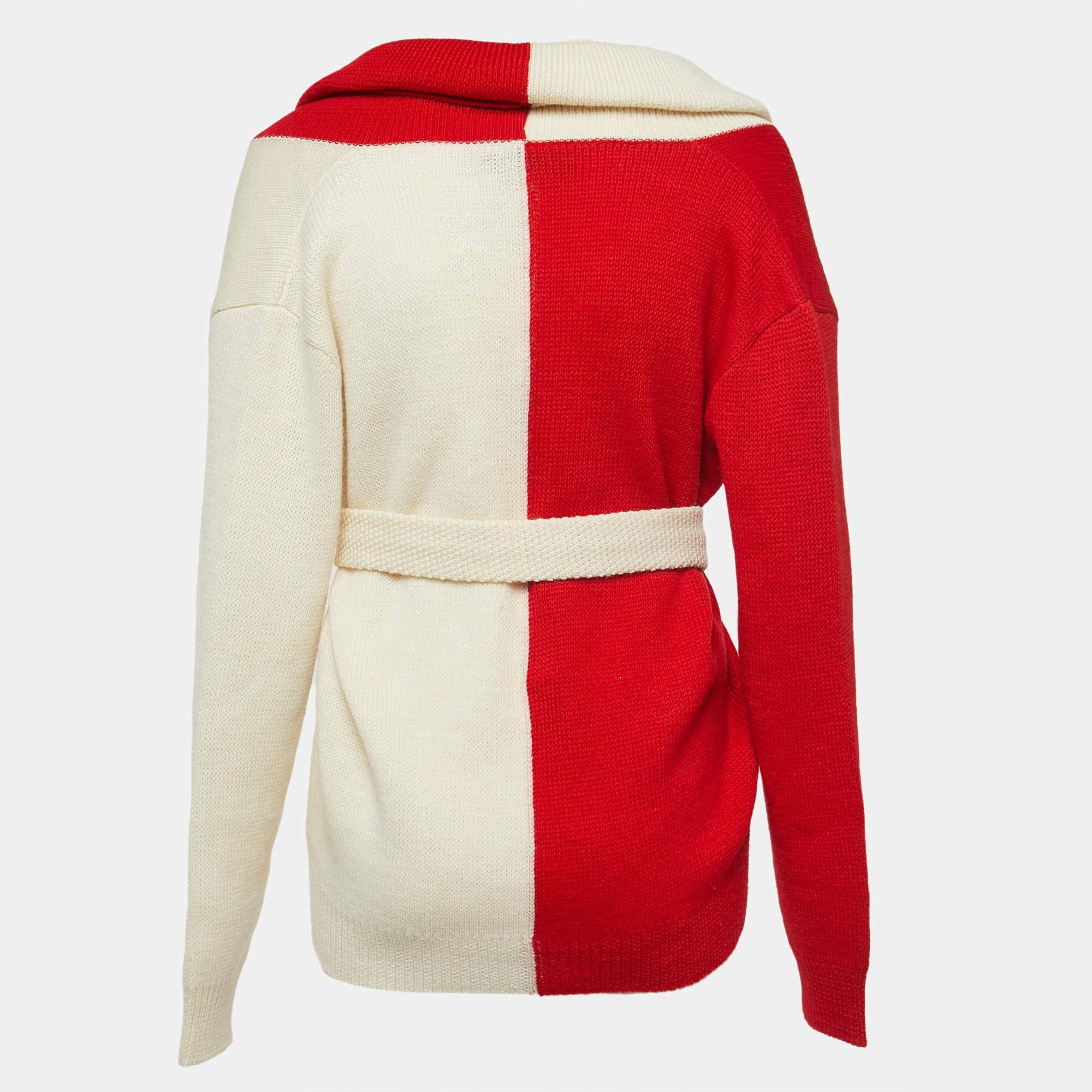 Beige Gucci Red/Cream Wool Knit Off Shoulder Belted Sweater S For Sale