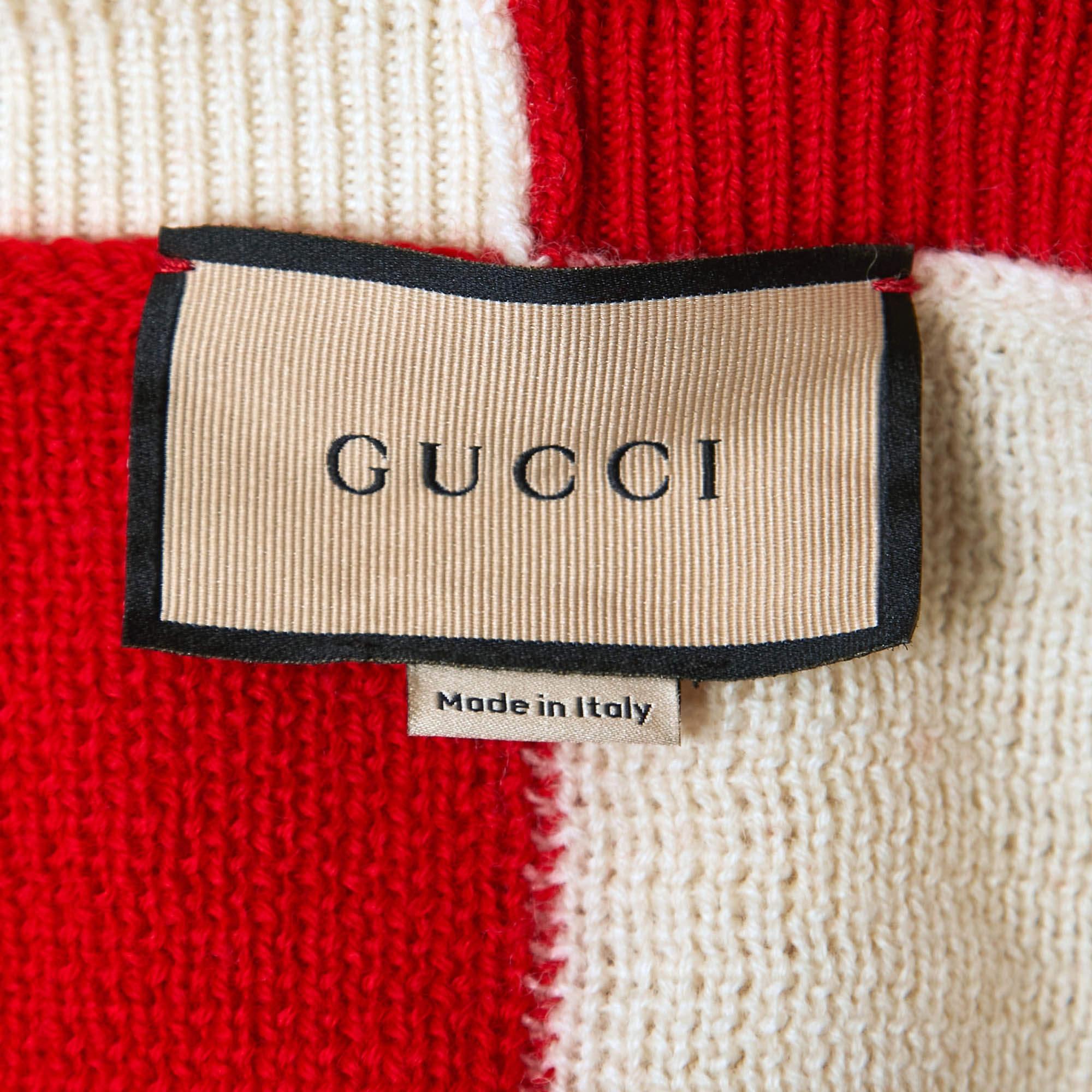 Gucci Red/Cream Wool Knit Off Shoulder Belted Sweater S In Good Condition For Sale In Dubai, Al Qouz 2