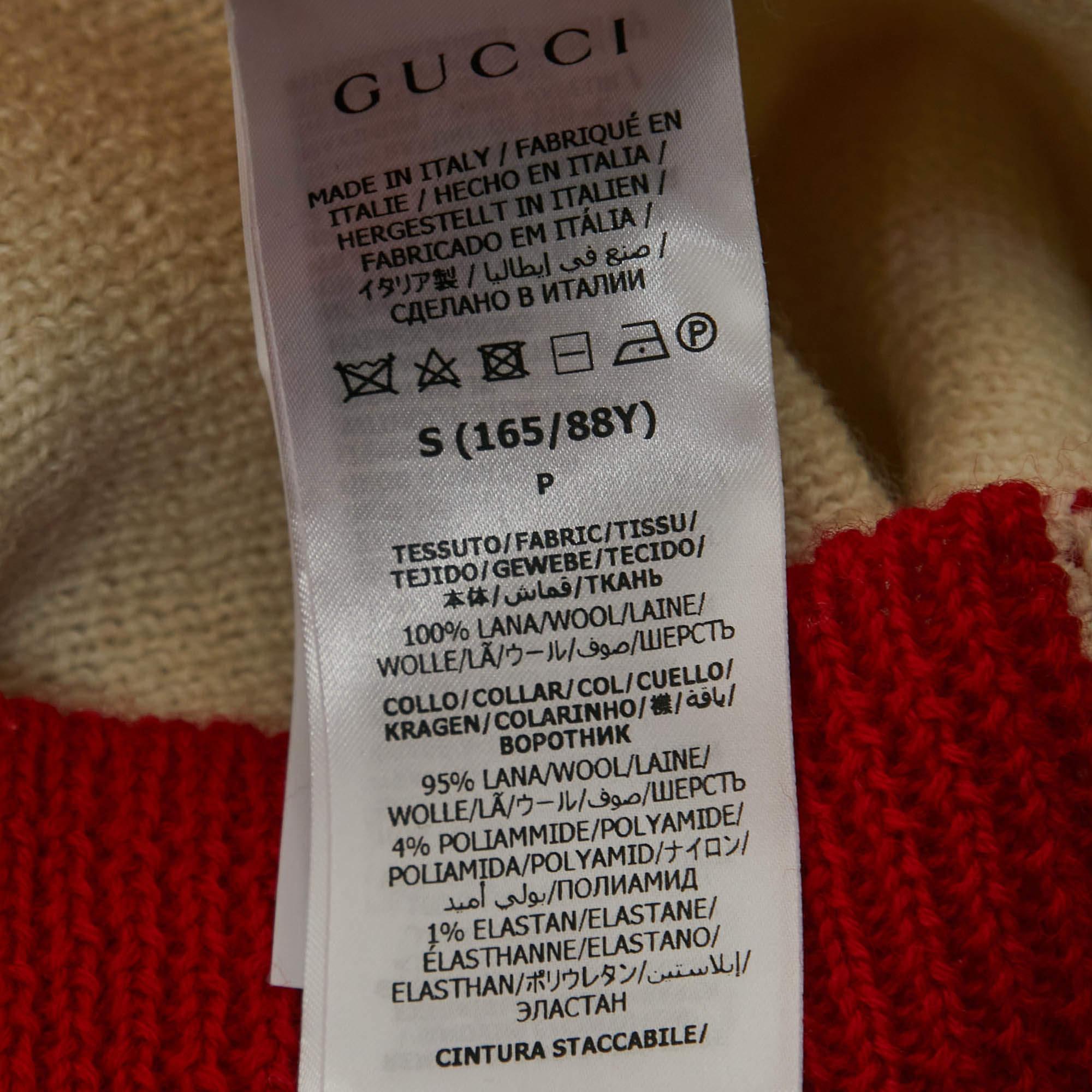 Gucci Rot/Creme Wollstrick Off-Shoulder Pullover mit Gürtel S Damen im Angebot