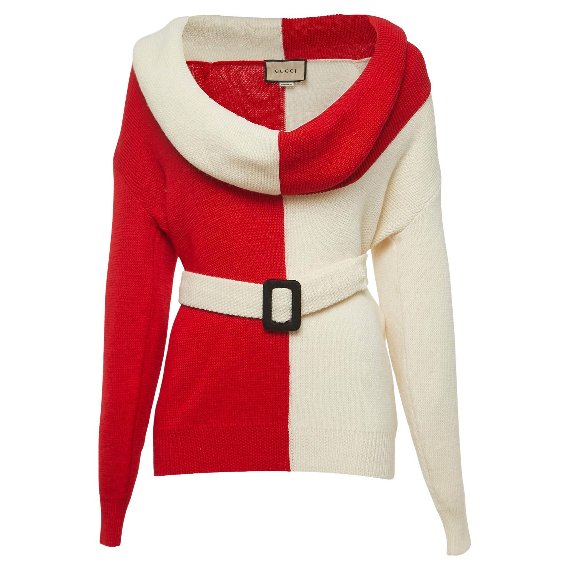 Gucci Red/Cream Wool Knit Off Shoulder Belted Sweater S