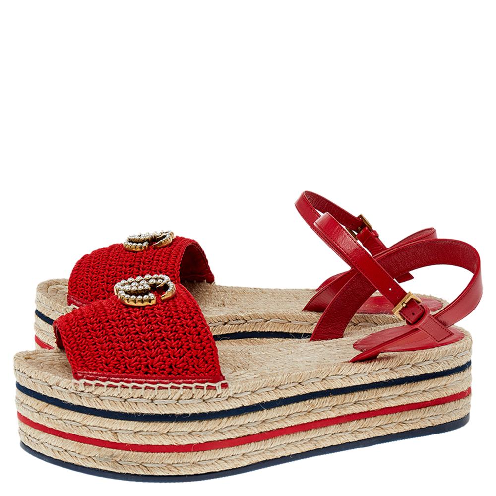 Gucci Red Crochet Lilibeth Logo Embellished Platform Espadrille Flats Size 40 1