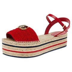 Gucci Red Crochet Lilibeth Logo Embellished Platform Espadrille Flats Size 40