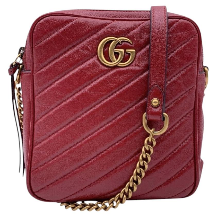 Gucci Red Diagonal Quilted Leather GG Marmont Double Zip Tall Camera Bag