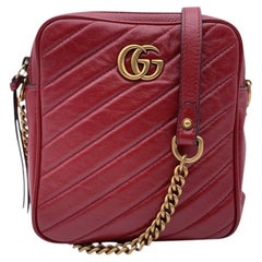 Gucci Red Diagonal Quilted Leather GG Marmont Double Zip Tall Camera Bag