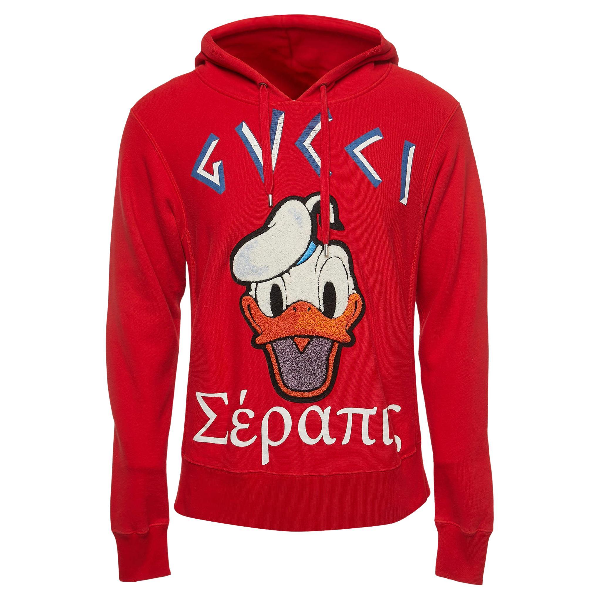 Gucci Red Distressed Cotton Donald Duck Patch Hoodie XS