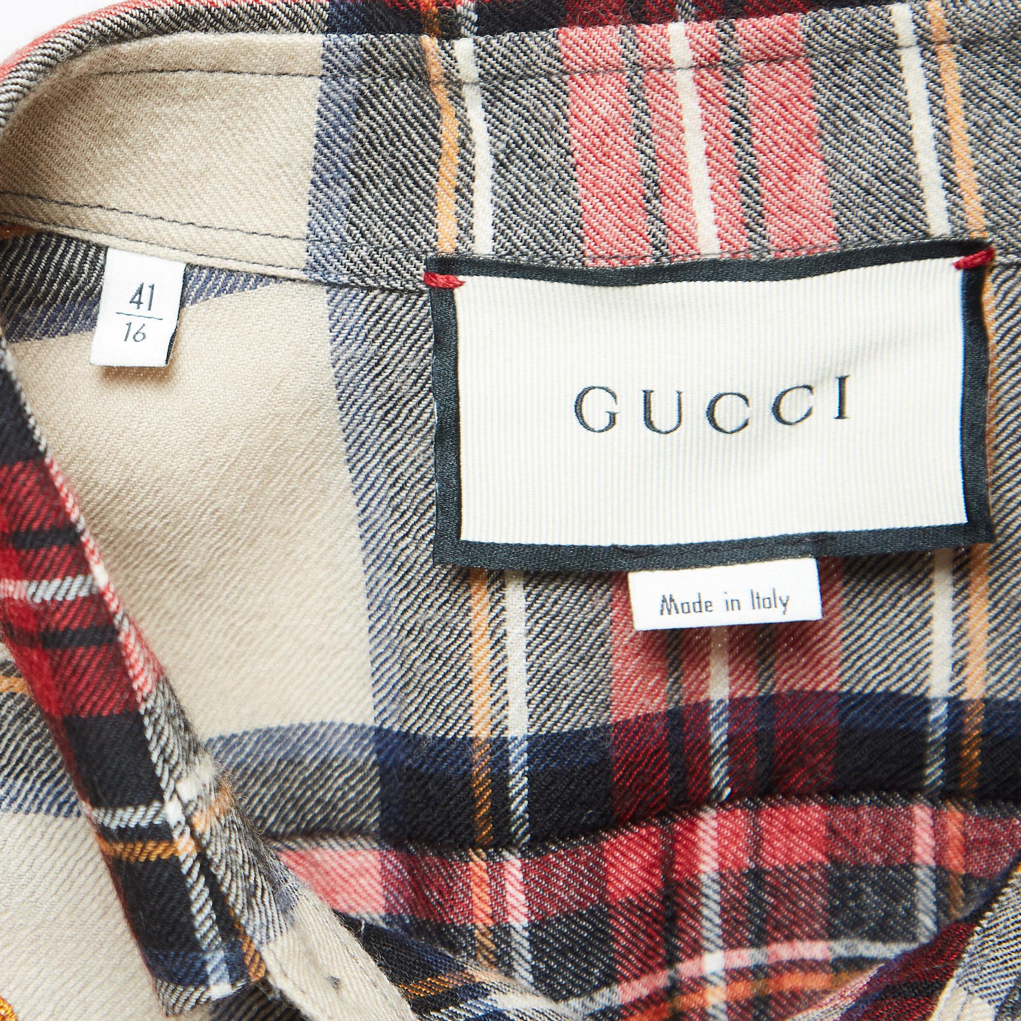 Langärmeliges Gucci-Hemd aus Wolle mit rotem Drachenstickerei und Schottenkaro L Herren