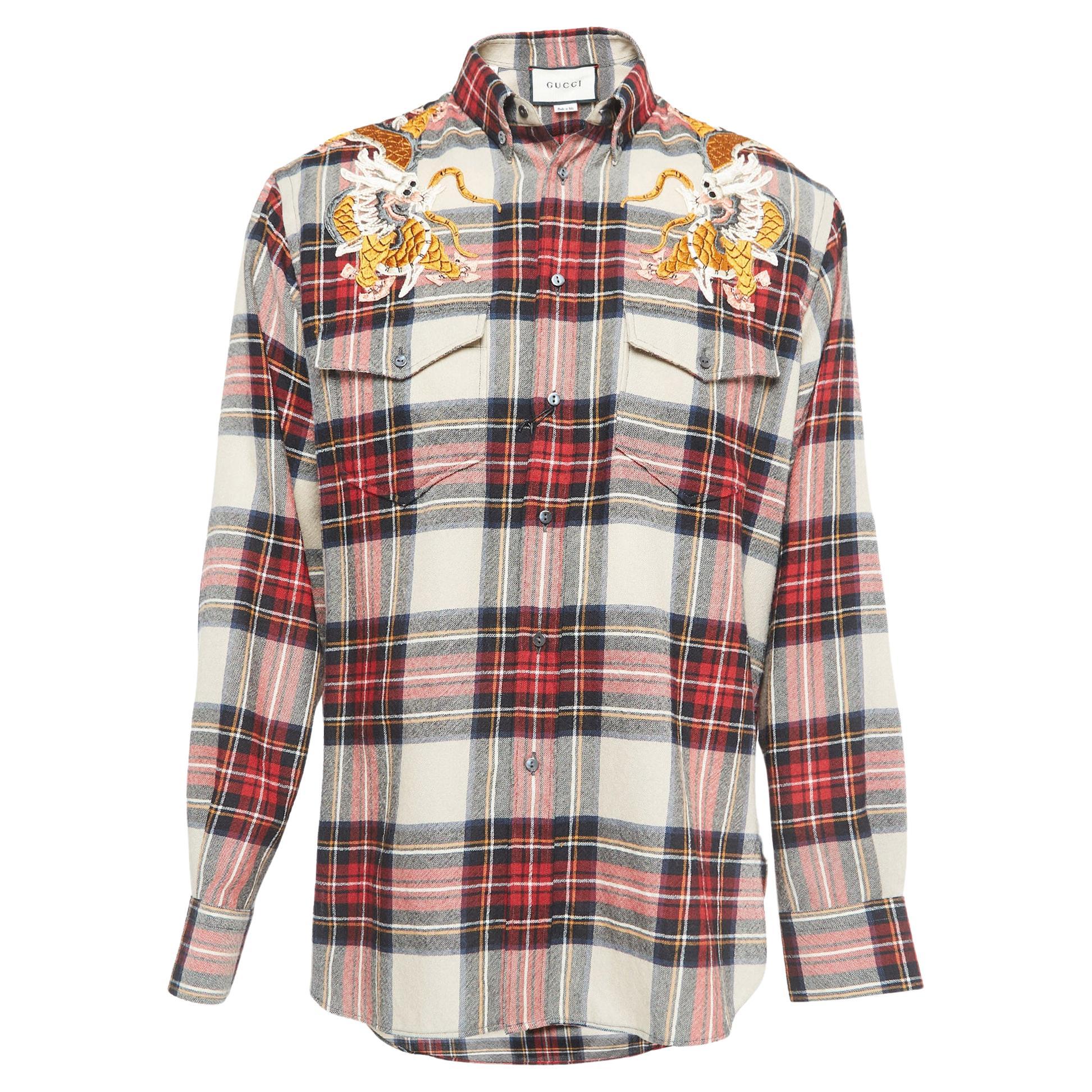 Langärmeliges Gucci-Hemd aus Wolle mit rotem Drachenstickerei und Schottenkaro L