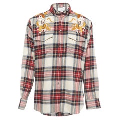 Langärmeliges Gucci-Hemd aus Wolle mit rotem Drachenstickerei und Schottenkaro L