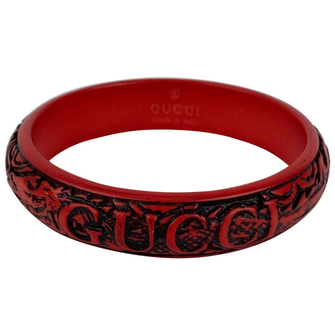 Gucci Red Dragon Resin Engraved Logo Bangle Bracelet Size L