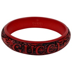 Gucci Red Dragon Resin Engraved Logo Bangle Bracelet Size L