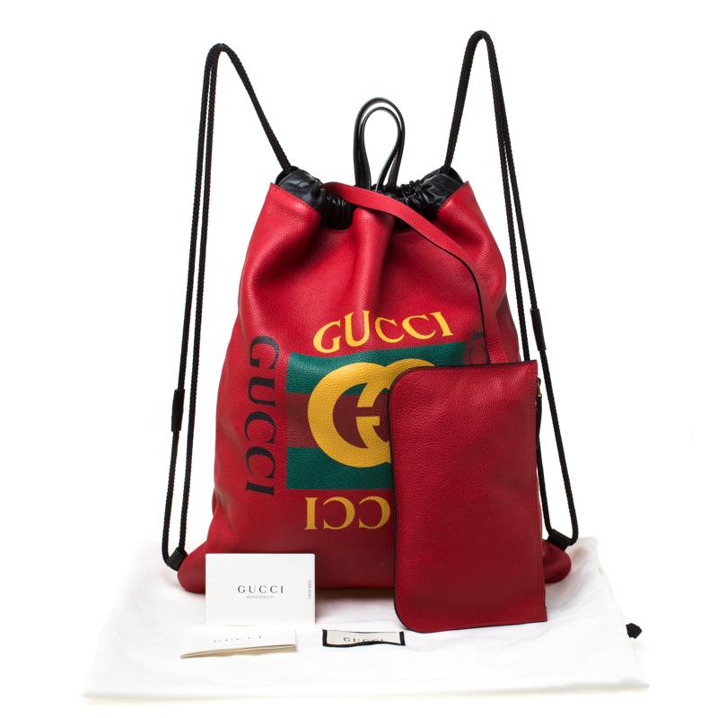 Gucci Red Drawstring Print Leather Backpack 8