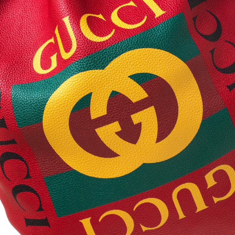 Gucci Red Drawstring Print Leather Backpack 4
