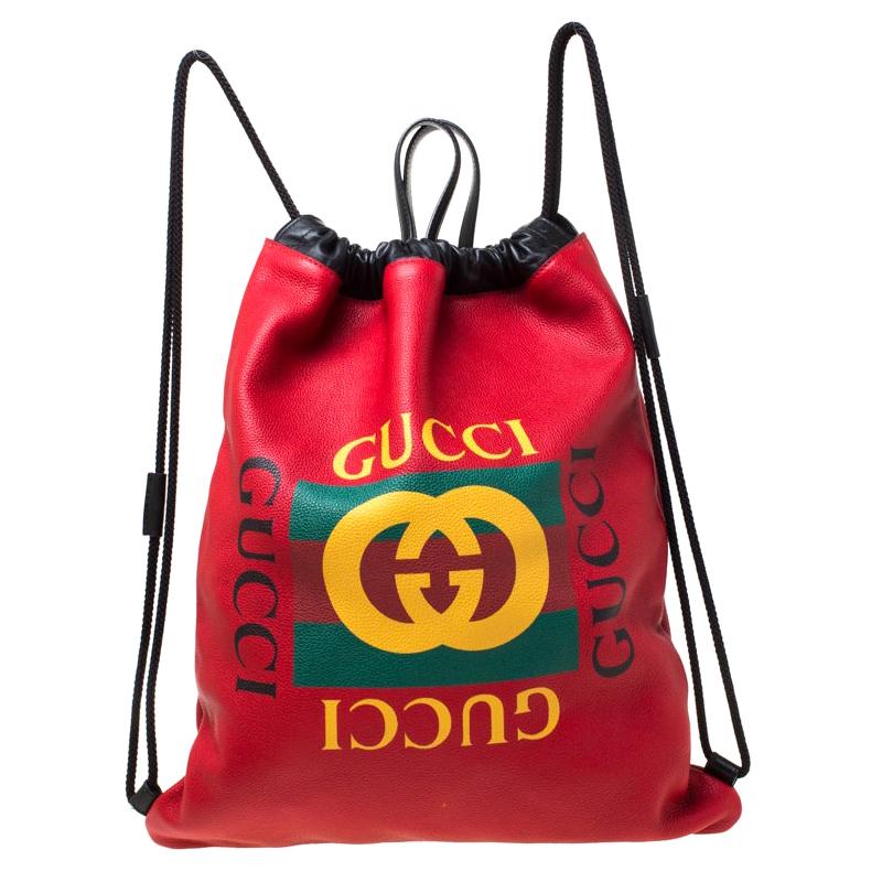 Gucci Red Drawstring Print Leather Backpack