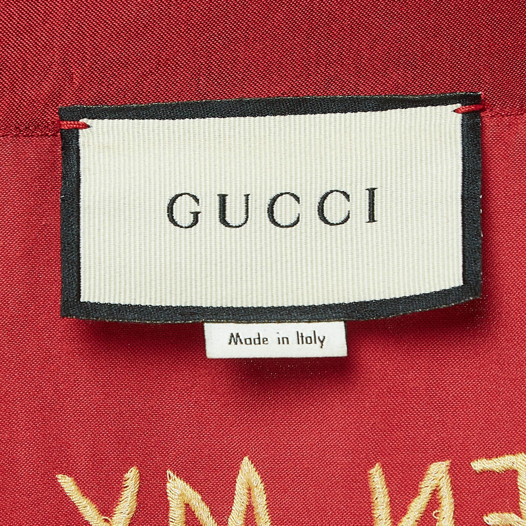 Gucci Red Embroidered Satin Oversized Shirt S In Excellent Condition In Dubai, Al Qouz 2