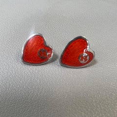 Gucci Red Enamel Interlocking G Heart Stud Earrings 925 Sterling Silver