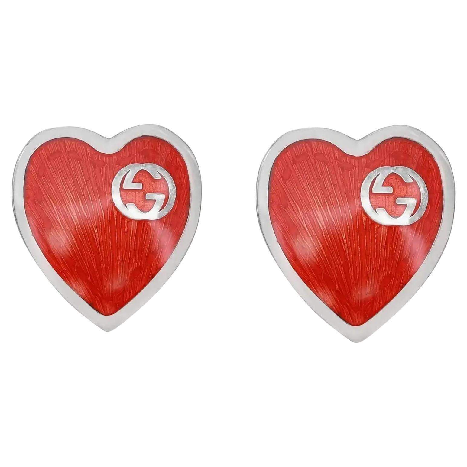 Gucci Red Enamel Interlocking G Heart Stud Earrings 925 Sterling Silver  For Sale